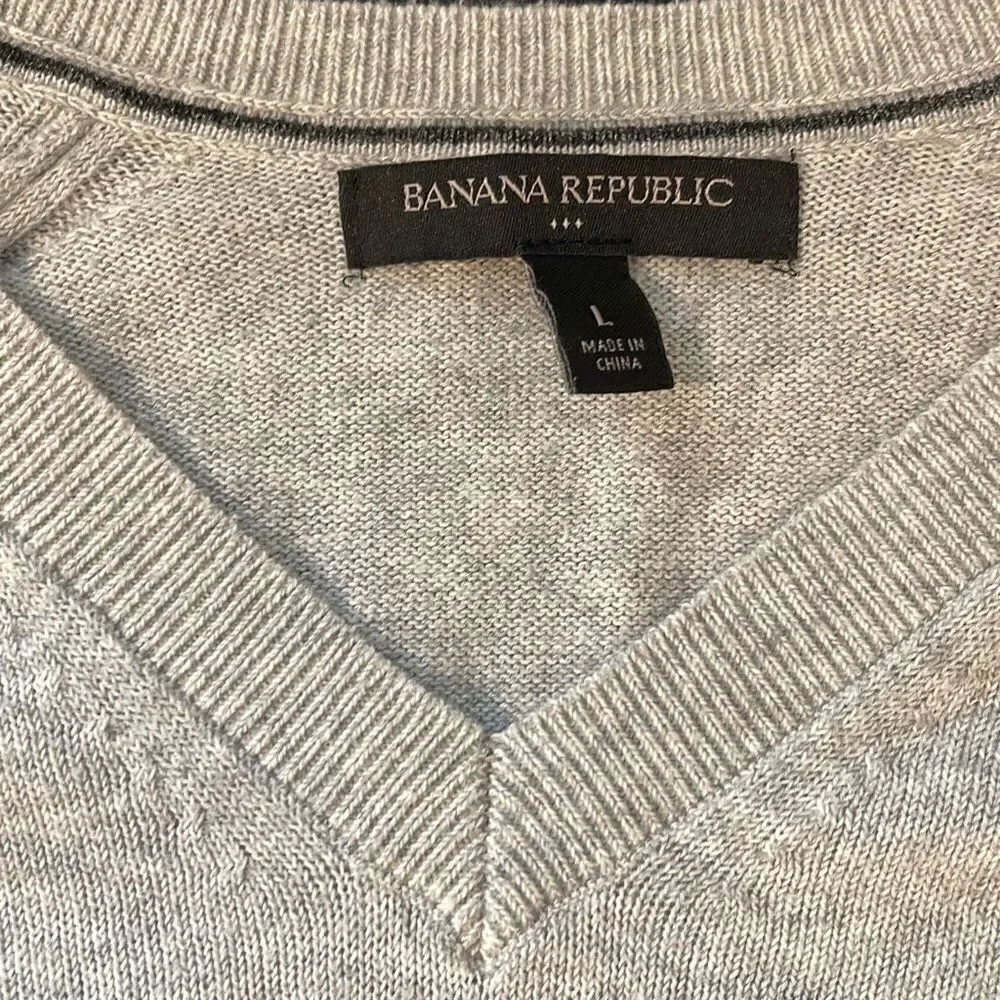 Banana Republic Men's V-Neck Sweater Pullover Rib‎ Knit Cotton Size Large Gray